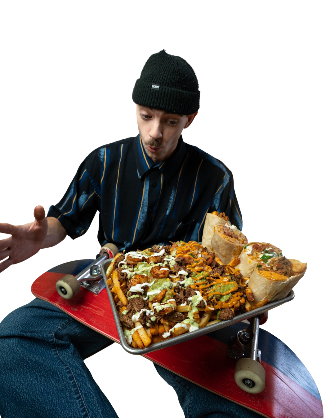 Image of man with skateboard and food tray